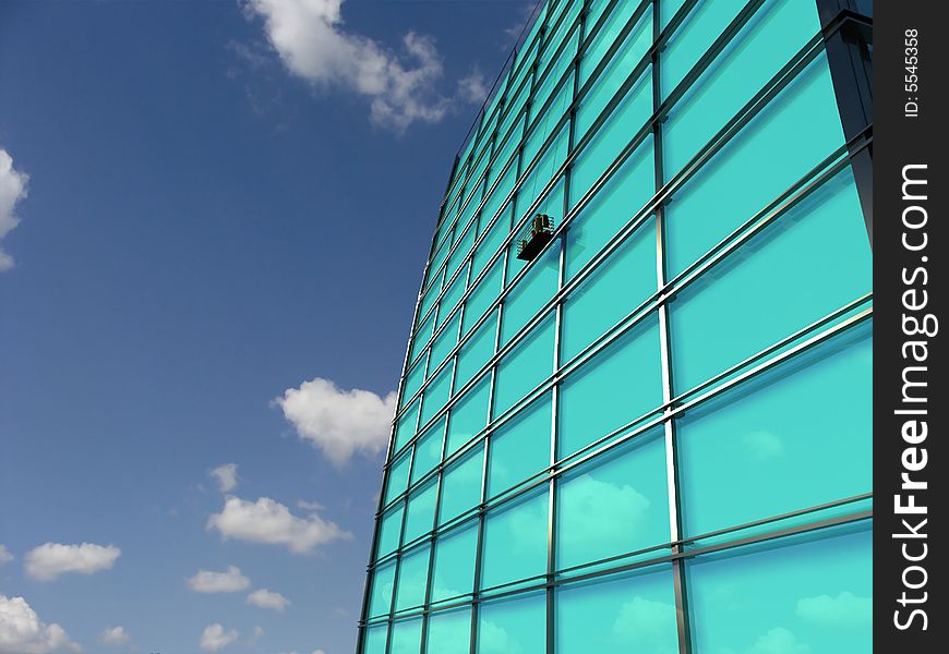 High-altitude building on a light-blue background