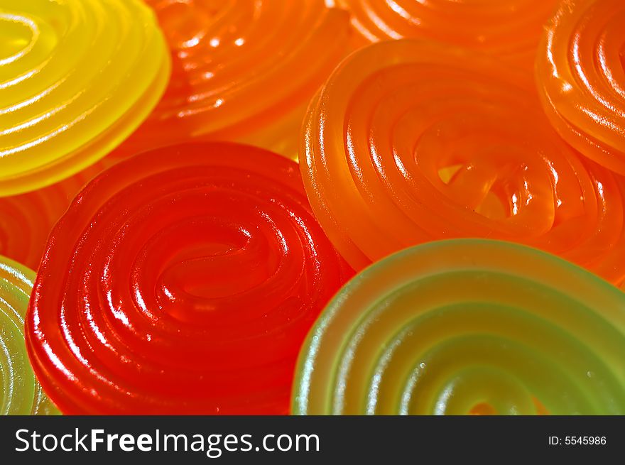 Colorful spiral candy in  green, red and orange