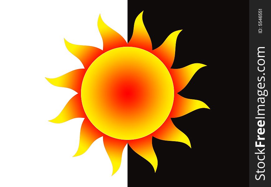 Symbol of the yellow-red Sun on a black-and-white background. Symbol of the yellow-red Sun on a black-and-white background