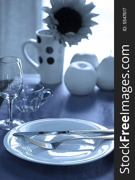 An fancy blue table setting in cool blue tones. An fancy blue table setting in cool blue tones