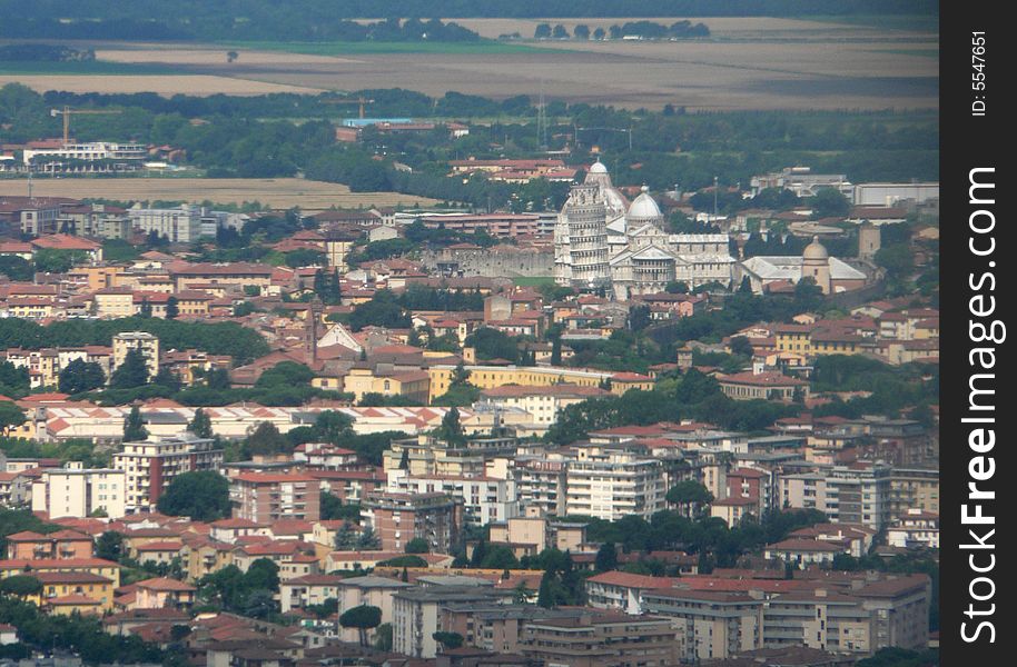 A View of Pisa from afar clearly showing the lean of its famous tower. A View of Pisa from afar clearly showing the lean of its famous tower