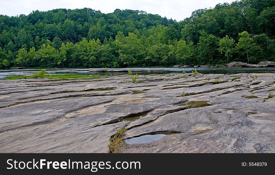 A rocky river shore with woods in the background