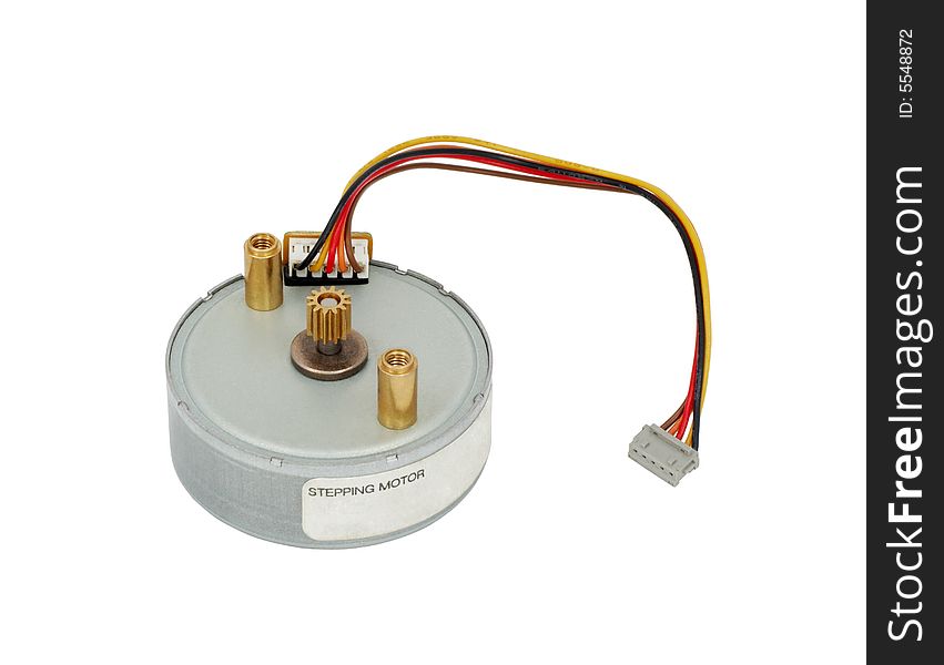 Small electric stepping motor with a cable. Close-Up. Isolated on a white background with clipping path for designers.