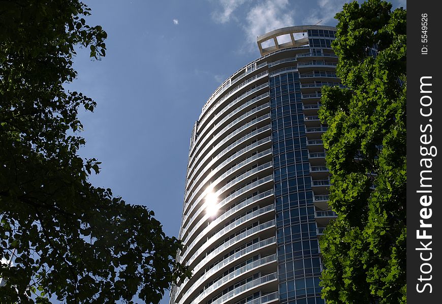 A tall modern building behind some trees on a clear summers day. A tall modern building behind some trees on a clear summers day.