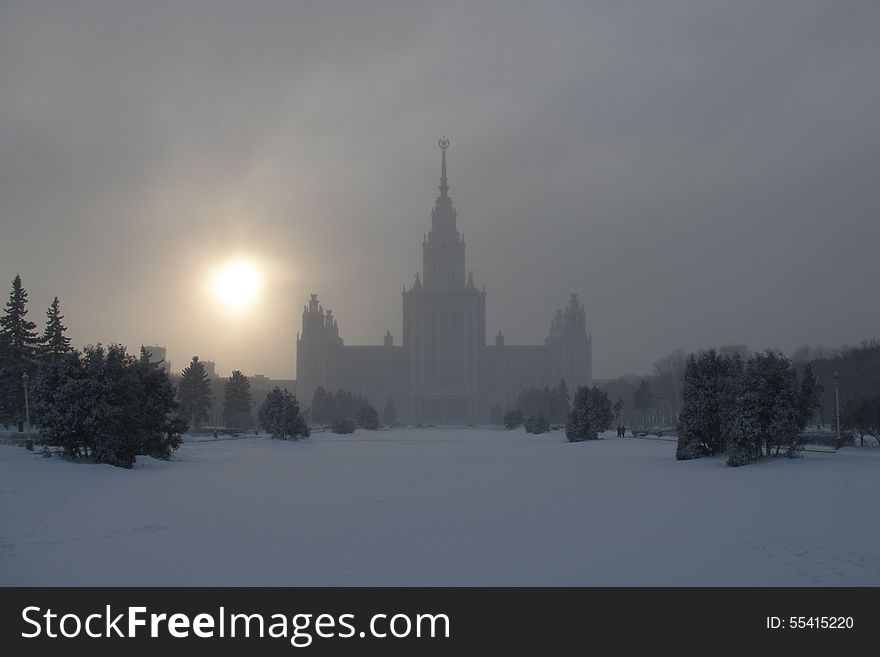 Moscow State University in a haze, winter time