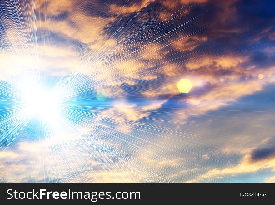 Dramatic sky background with UFO lights, surreal landscape.