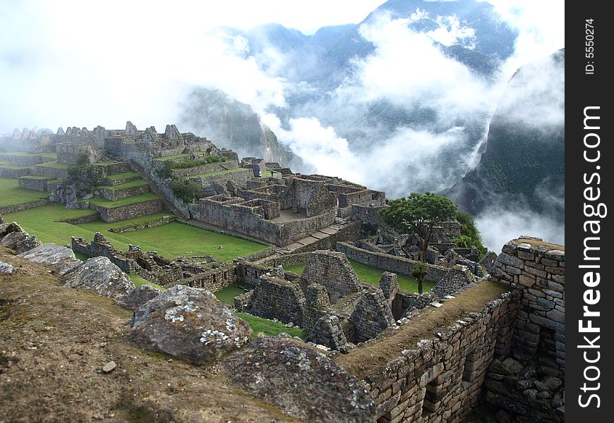 The lost city of the inca Machu Picchu in Cuzco, Peru. Inca window.