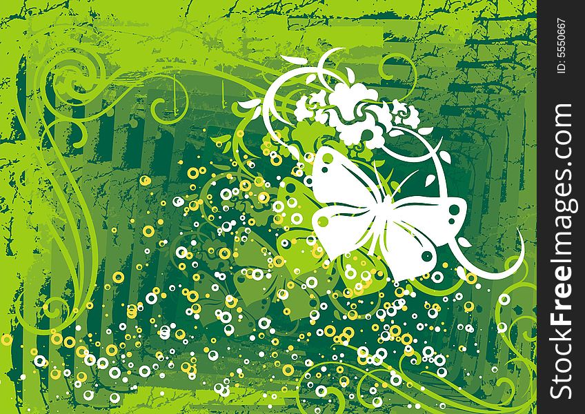 Grunge floral design in green colors with a butterfly, vector illustration series. Grunge floral design in green colors with a butterfly, vector illustration series.