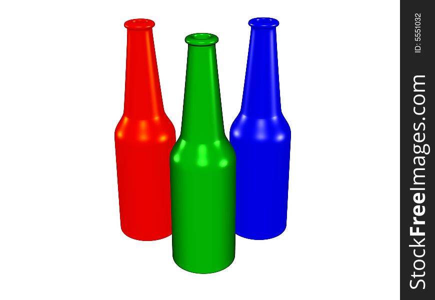Three color glass bottles: red, green, dark blue. Three color glass bottles: red, green, dark blue