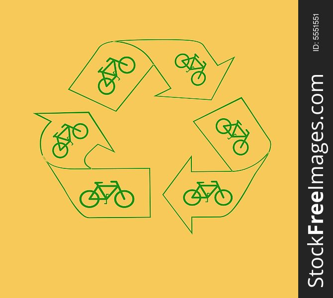 Green recycle symbol and bicycles save the air. Green recycle symbol and bicycles save the air