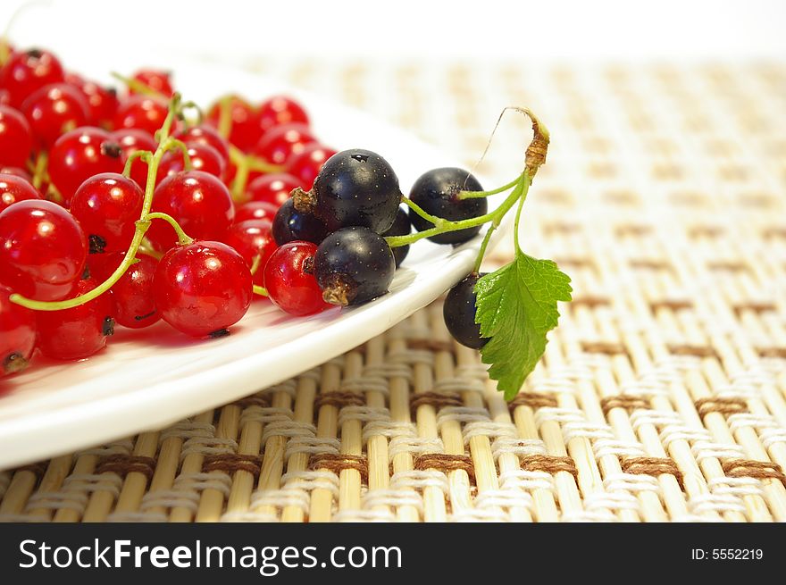 Red and black currant on a white plate