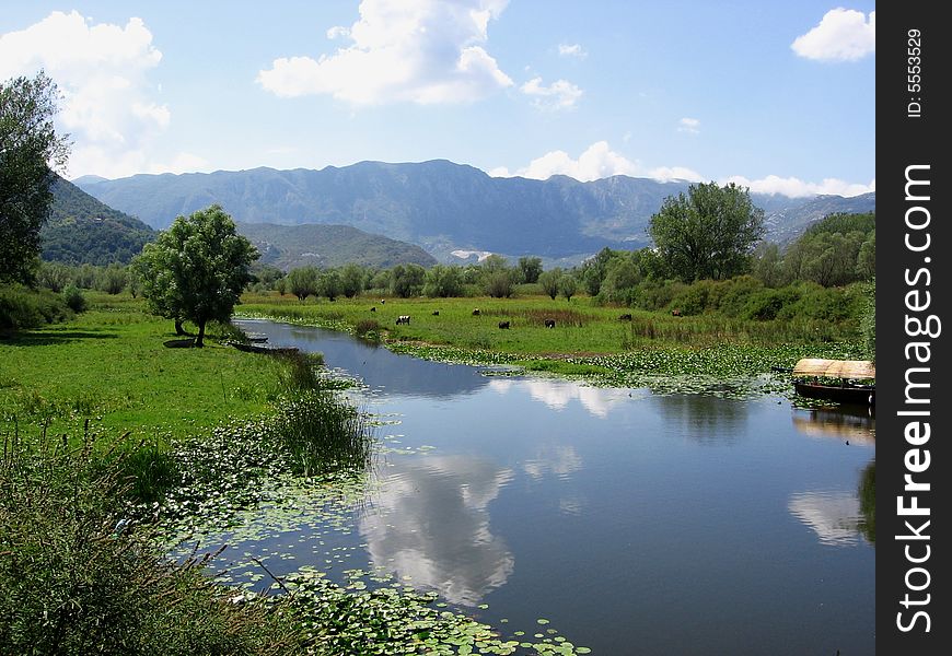 Landscape with lake, clouds, trees and mountains, Natonal park Skadar lake, Virpazar, Montenegro