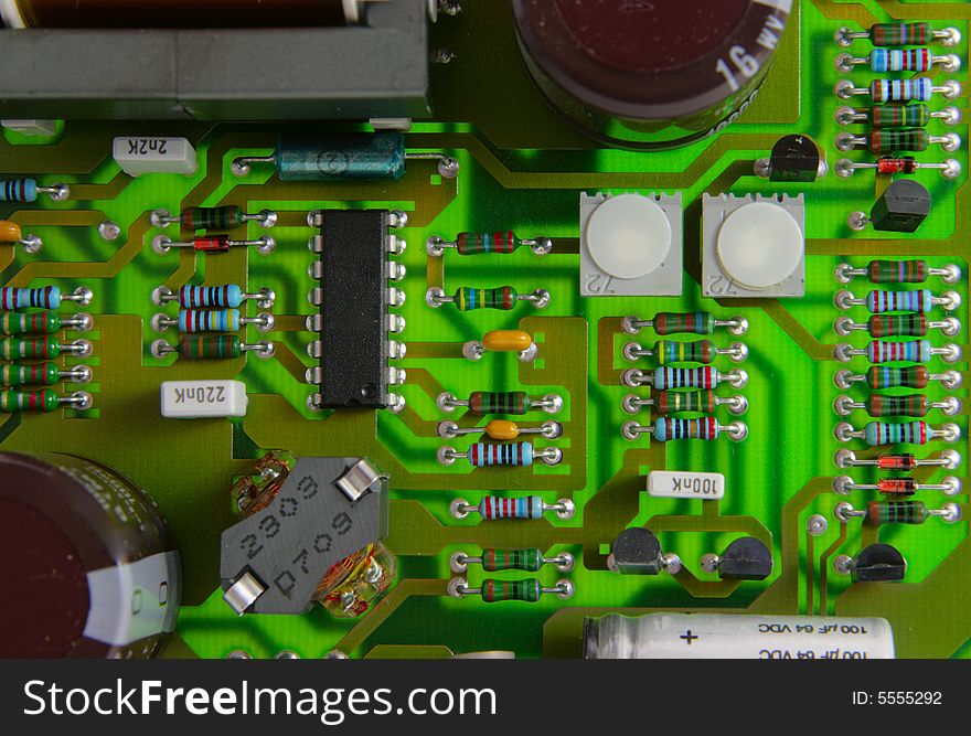 The printed circuit-board with chip and resistors