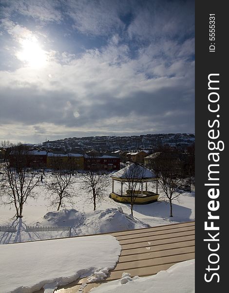 Pavilion in the snow in Kirkenes, Norway. Pavilion in the snow in Kirkenes, Norway