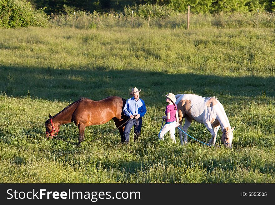 Two farmers talk in a green field of grass while their horses eat. - horizontally framed. Two farmers talk in a green field of grass while their horses eat. - horizontally framed