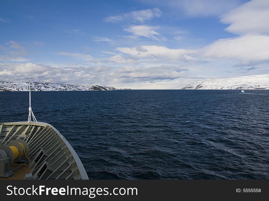 Nose of a cruise ship in the Arctic ocean