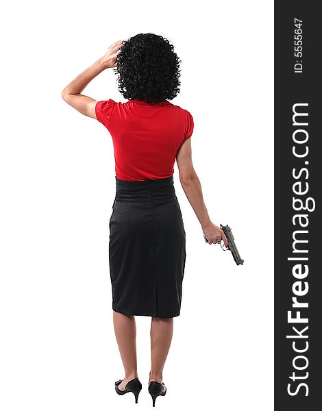 Woman with the gun on the white background. Woman with the gun on the white background