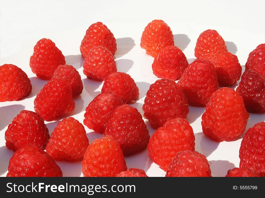 Many raspberries on light gray background