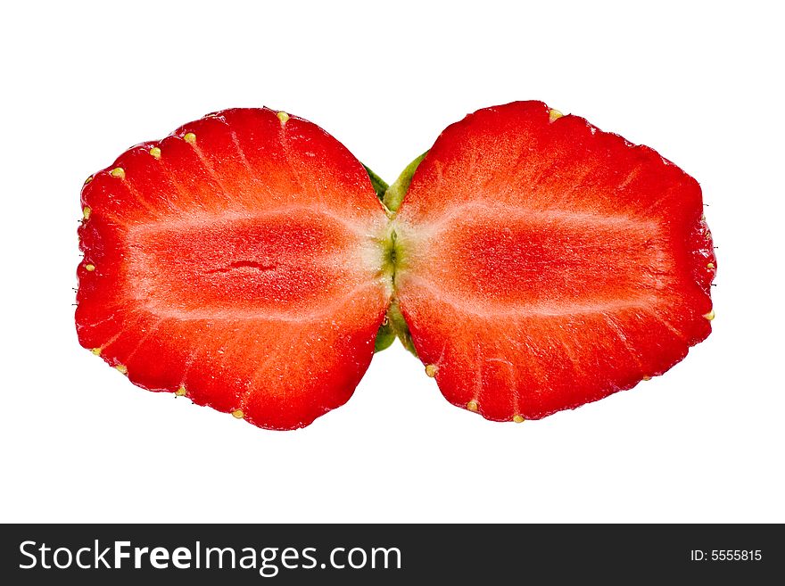 Twin halfs of one strawberry isolated on white. Twin halfs of one strawberry isolated on white