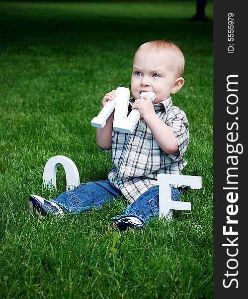 A baby sitting in a field of grass eating a letter N. - vertically framed. A baby sitting in a field of grass eating a letter N. - vertically framed
