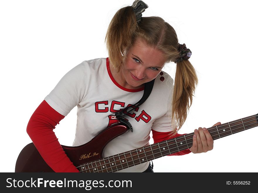 Girl with guitar isolated on white background