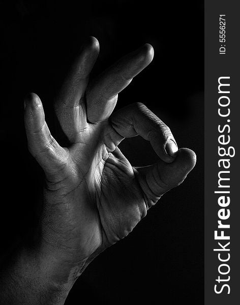 Black and white men's hand demonstrates Ok gesture