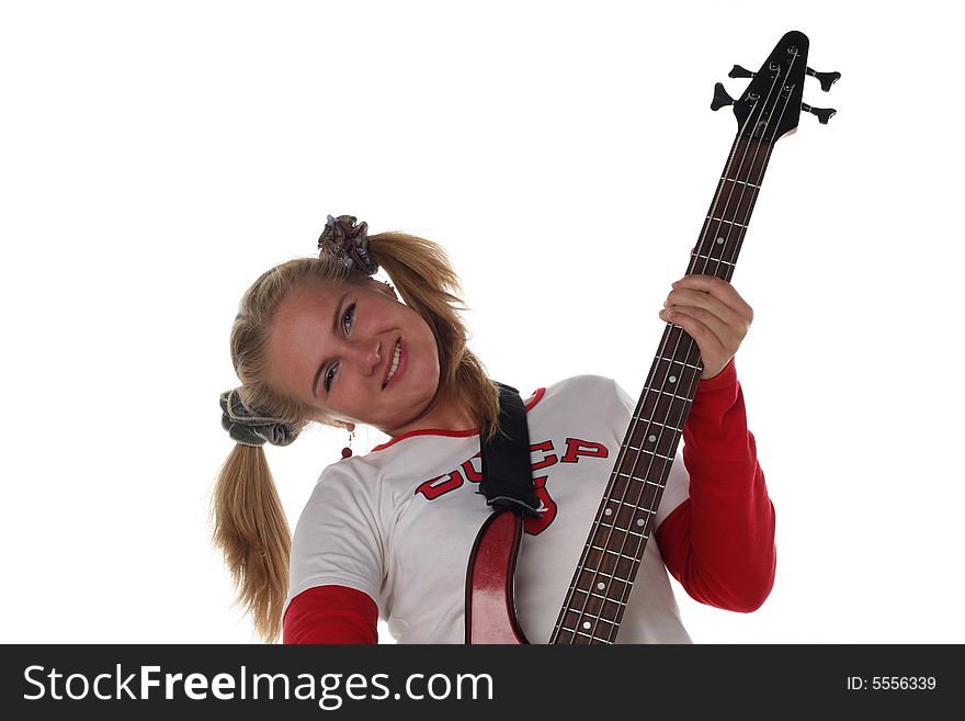 Girl with guitar isolated on white background
