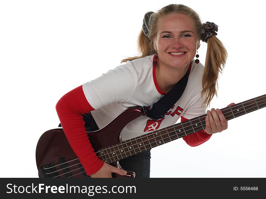 Girl with guitar isolated on white background