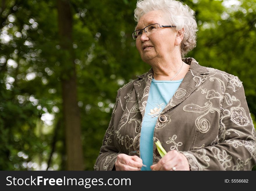 Outside portrait of an elderly woman standing and looking. Outside portrait of an elderly woman standing and looking