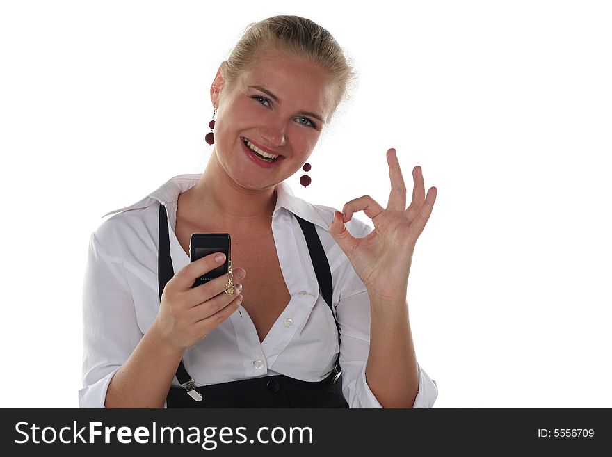 Business woman with ok gesture and mobile phone