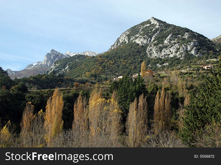 Mountain scenery with trees, mountains and picks in Asturias. Mountain scenery with trees, mountains and picks in Asturias