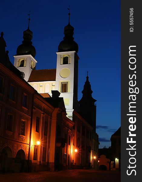 Church at dusk. Picture taken in Telc, Czech Republic. Unesco listed site