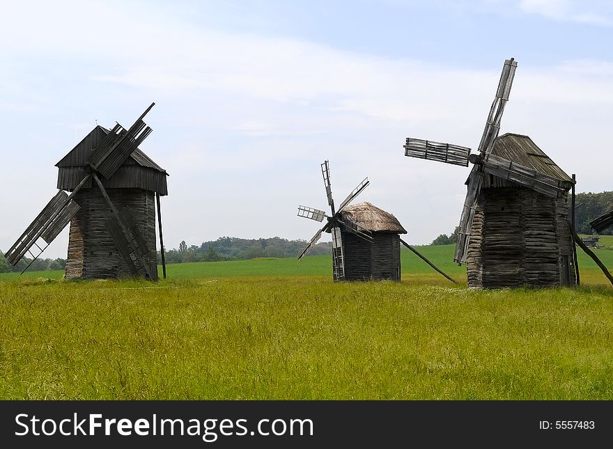 Windmilles in Pirogovo - outdoor museum of folk architecture in Pirogovo, Ukraine