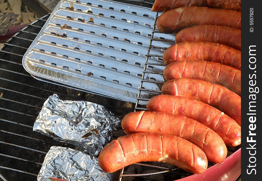Sausages on the barbecue in spring