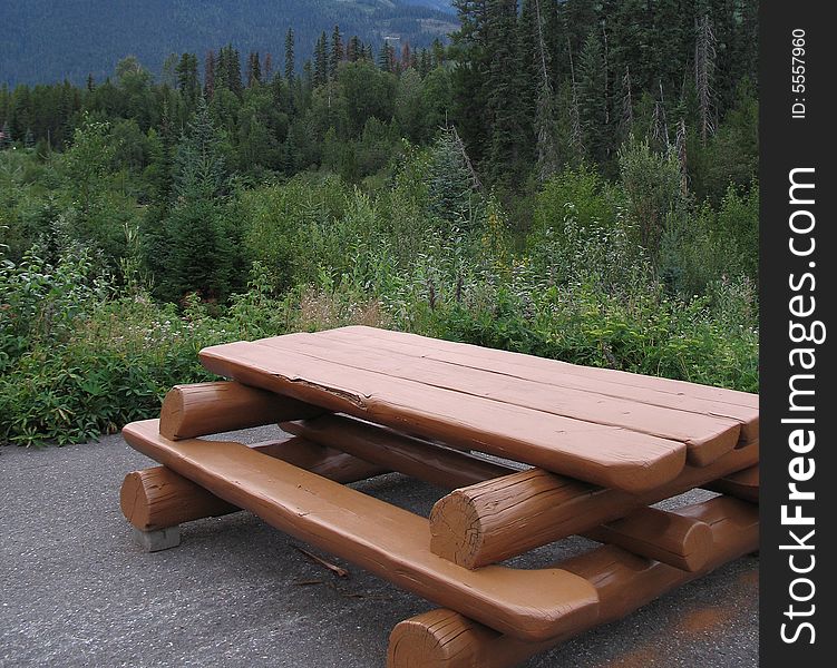 A picnic table with a forest view
