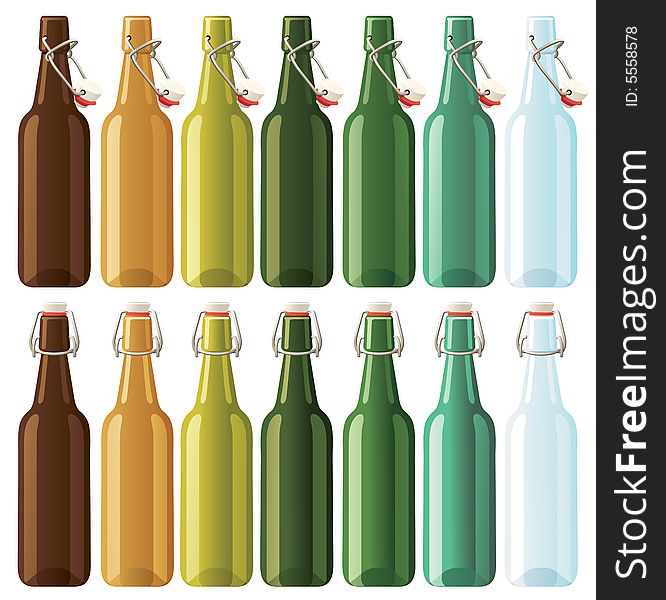 Vector empty beer bottles in seven different colors. Vector empty beer bottles in seven different colors