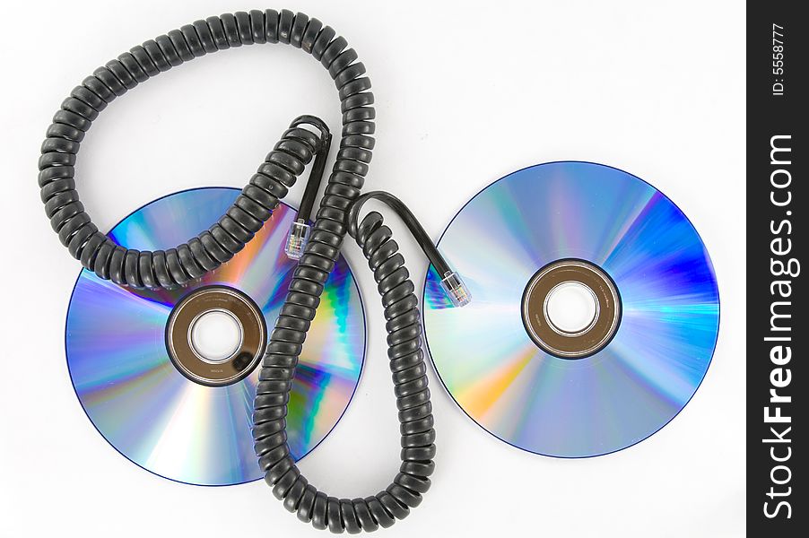 Compact discs with communication cable. Compact discs with communication cable