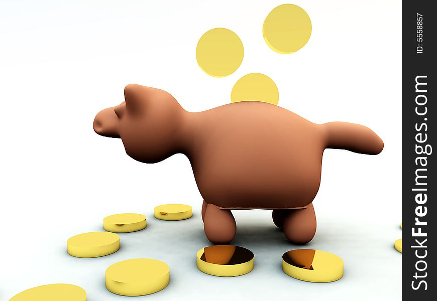 A conceptual image showing gold coins of money going into a piggy bank.