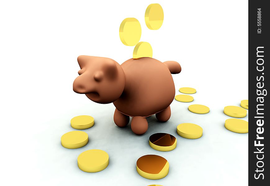 A conceptual image showing gold coins of money going into a piggy bank. A conceptual image showing gold coins of money going into a piggy bank.