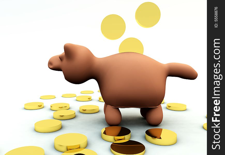 A conceptual image showing gold coins of money going into a piggy bank. A conceptual image showing gold coins of money going into a piggy bank.