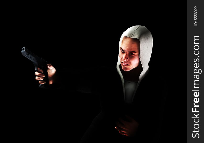 An image of a angry thug with a hoodie that has a gun, it would be good to highlight criminality concepts. An image of a angry thug with a hoodie that has a gun, it would be good to highlight criminality concepts.