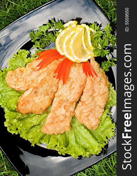 Fried chicken fillet with fresh vegetables, on black square plate, lying on grass. Fried chicken fillet with fresh vegetables, on black square plate, lying on grass