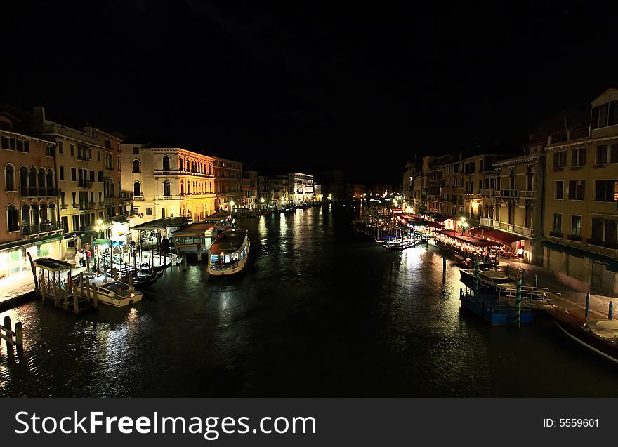 The scenery along the Grand Canal in Venice Italy at night