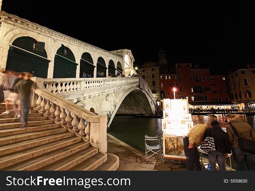 The scenery along the Grand Canal in Venice Italy at night