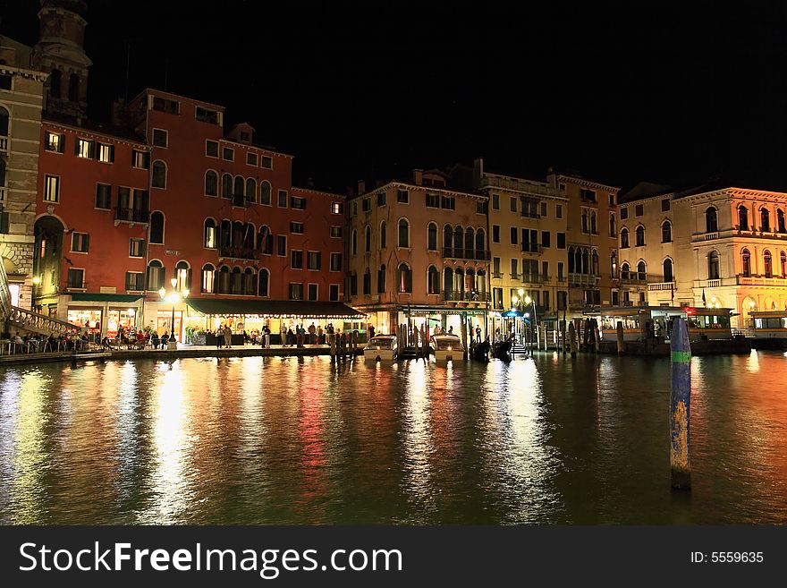 The scenery along the Grand Canal in Venice Italy at night