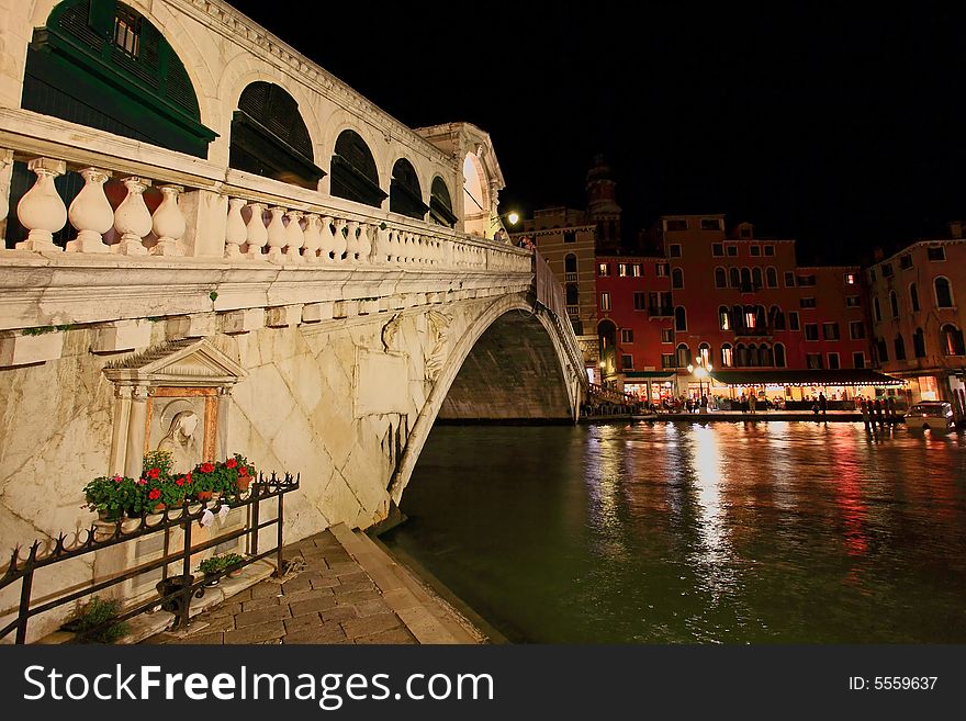 The scenery along the Grand Canal in Venice Italy at night