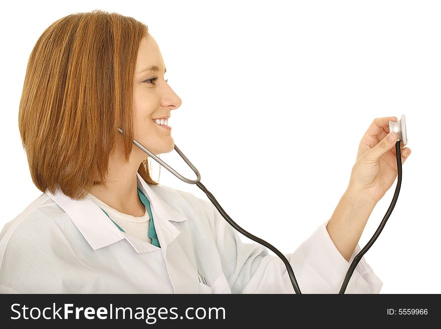 Shot of isolated doctor or lab worker holding up her stethoscope to check on somebody. Shot of isolated doctor or lab worker holding up her stethoscope to check on somebody