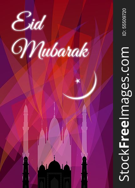 Beautiful Eid Mubarak Greeting Card. Mosque silhouette.