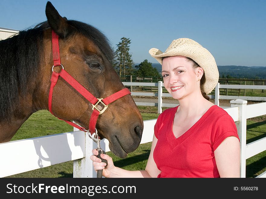 Woman In Cowboy Hat With Horse - Horizontal