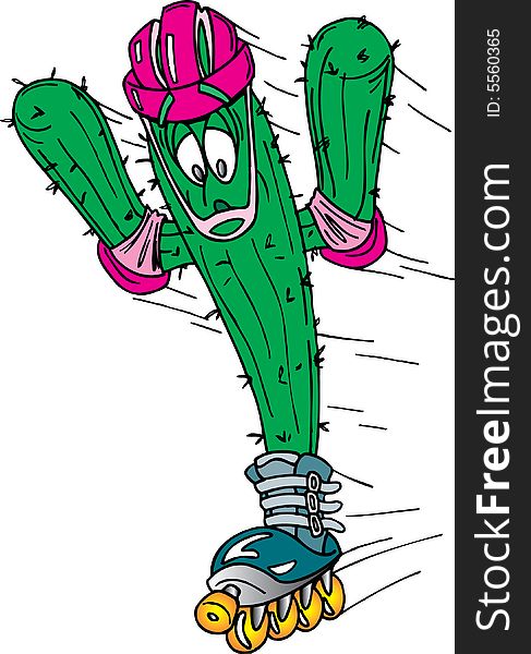 Cartoon Green cactus rollerskating, rollerblade. Cartoon Green cactus rollerskating, rollerblade